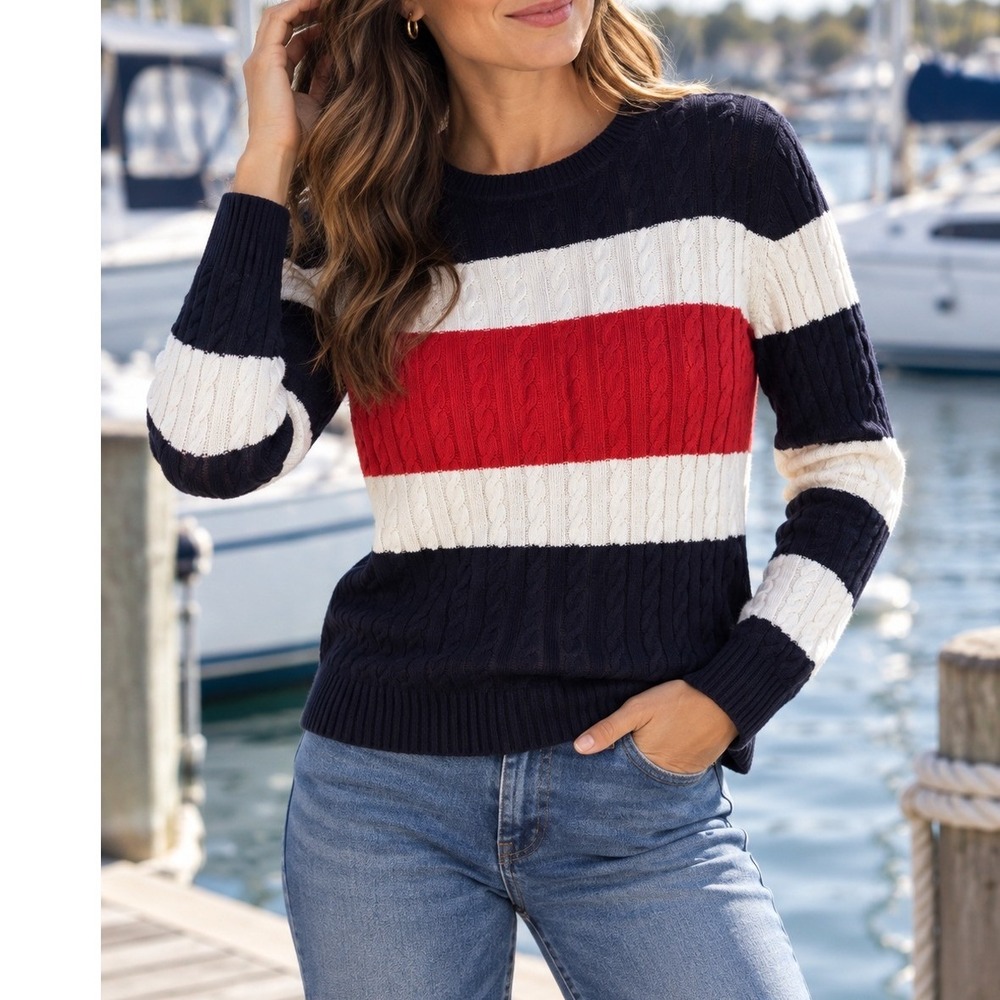 Tommy Hilfiger Cable Knit Sweater Womens Large Blue Red White Excellent Preppy